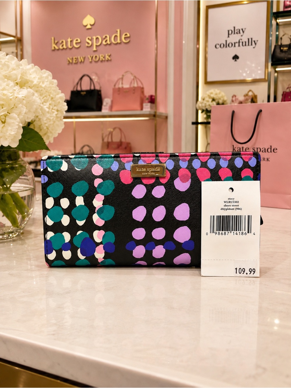 Kate Spade Stacy Shore Street Wallet Black W/ Dotty Plum Print NWT